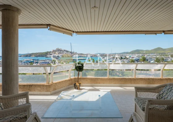 Covered terrace with sea and Dalt Vila views in Marina Botafoch Ibiza